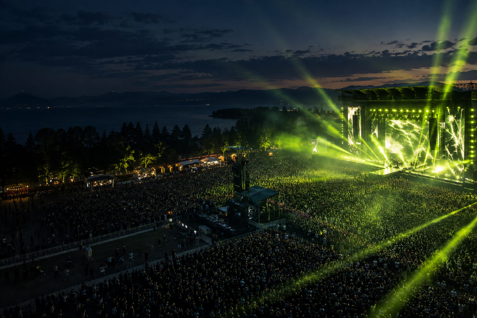 Original generated concept of a festival crowd beneath lime stage lighting